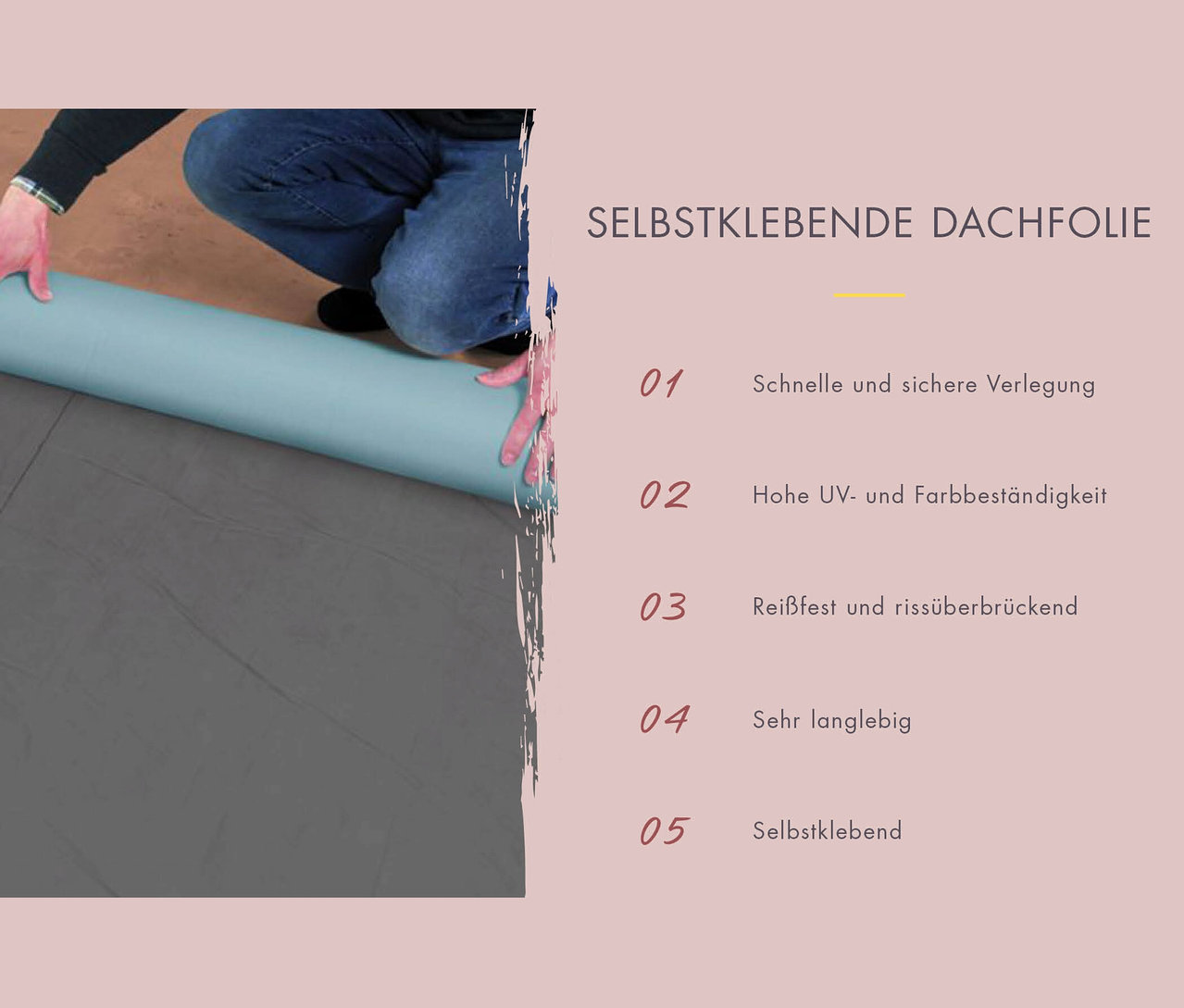 Mann rollt eine Rolle selbstklebende Dachfolie auf einer grauen Oberfläche aus.