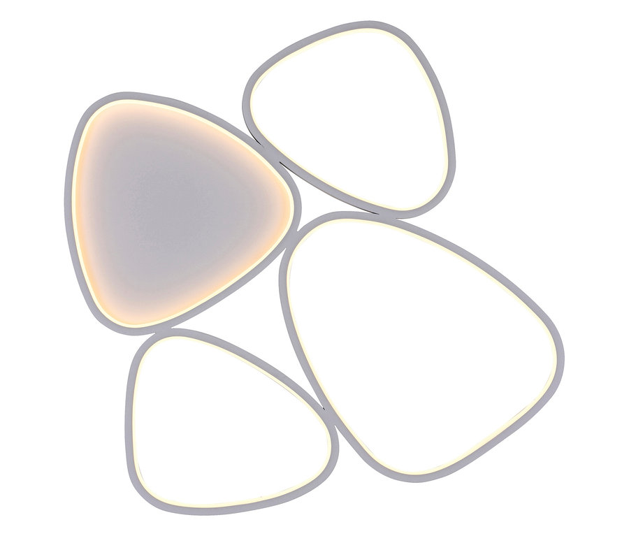 Deckenleuchte mit fünf abgerundeten dreieckigen Lichtern in grauem Rahmen, ein Licht ist an.