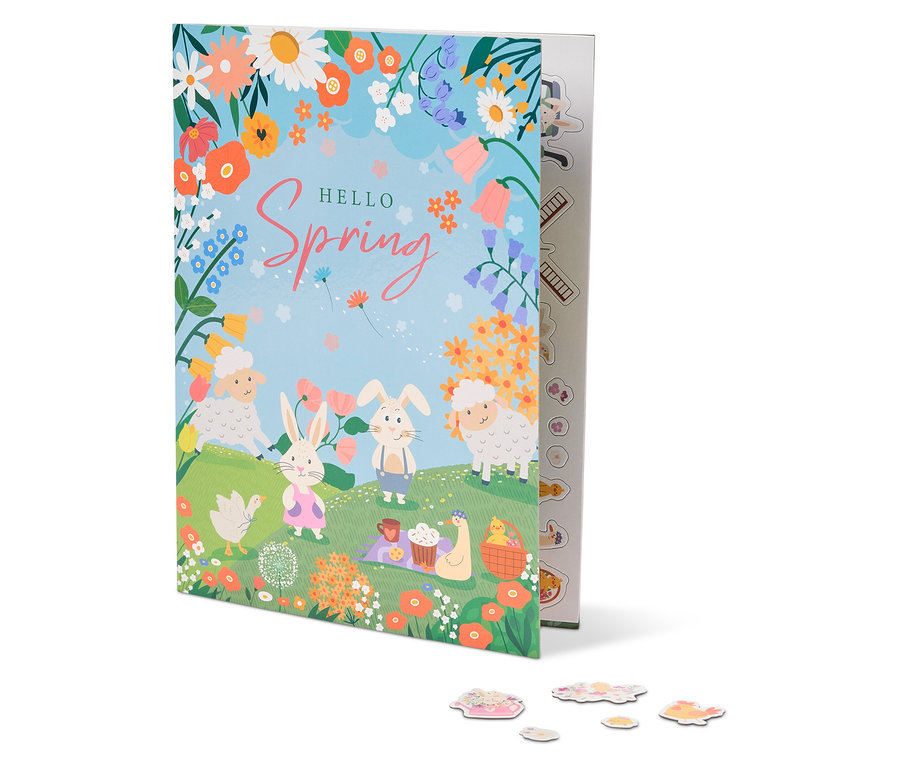 Illustration eines Buches mit dem Titel "Hello Spring" mit Schafen, Hasen, Blumen und einer Picknickdecke.