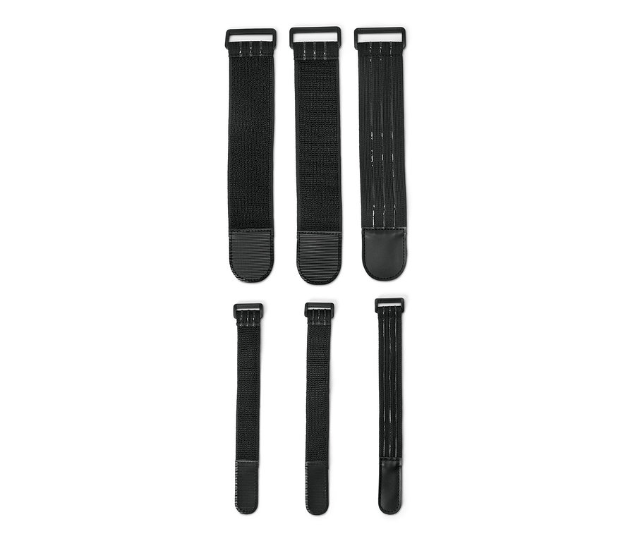 Sechs schwarze elastische Befestigungsgurte, 3 oben und 3 unten, auf weißem Hintergrund.