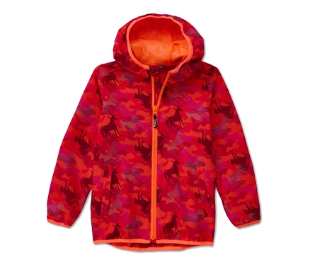 Rote Softshelljacke Jako-O mit Kapuze und Pferdemuster.