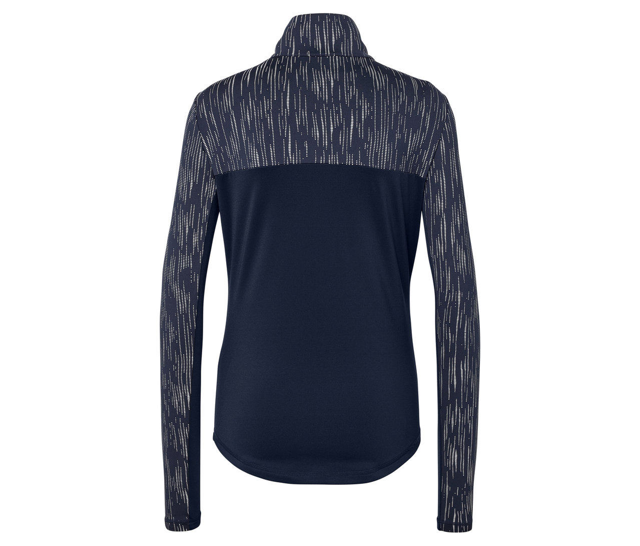 Dunkelblaue Langarmjacke mit weißem Muster an Schultern und Ärmeln.