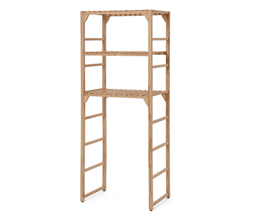 Ein hellbraunes Holzregal mit drei Ablagen.