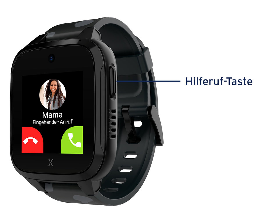 Nahaufnahme der schwarzen Kinderuhr Xplora XGO3 2nd Gen. mit dem Display, das einen eingehenden Anruf von "Mama" anzeigt.