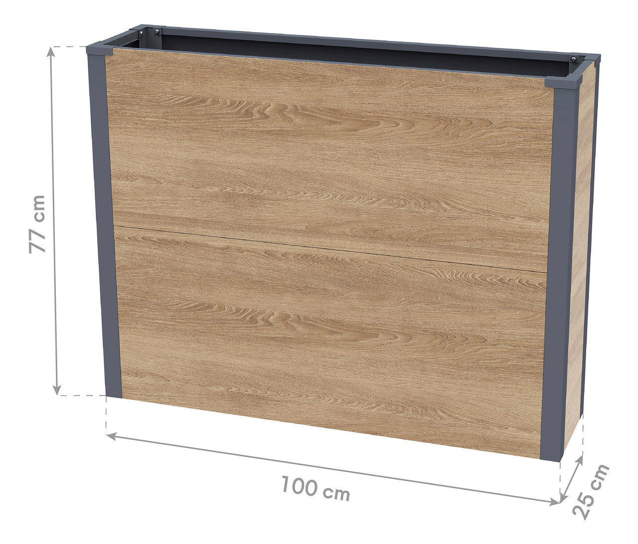 Der Pflanzkasten mit Einlegeboden in Holzoptik ist ca. 77cm hoch.