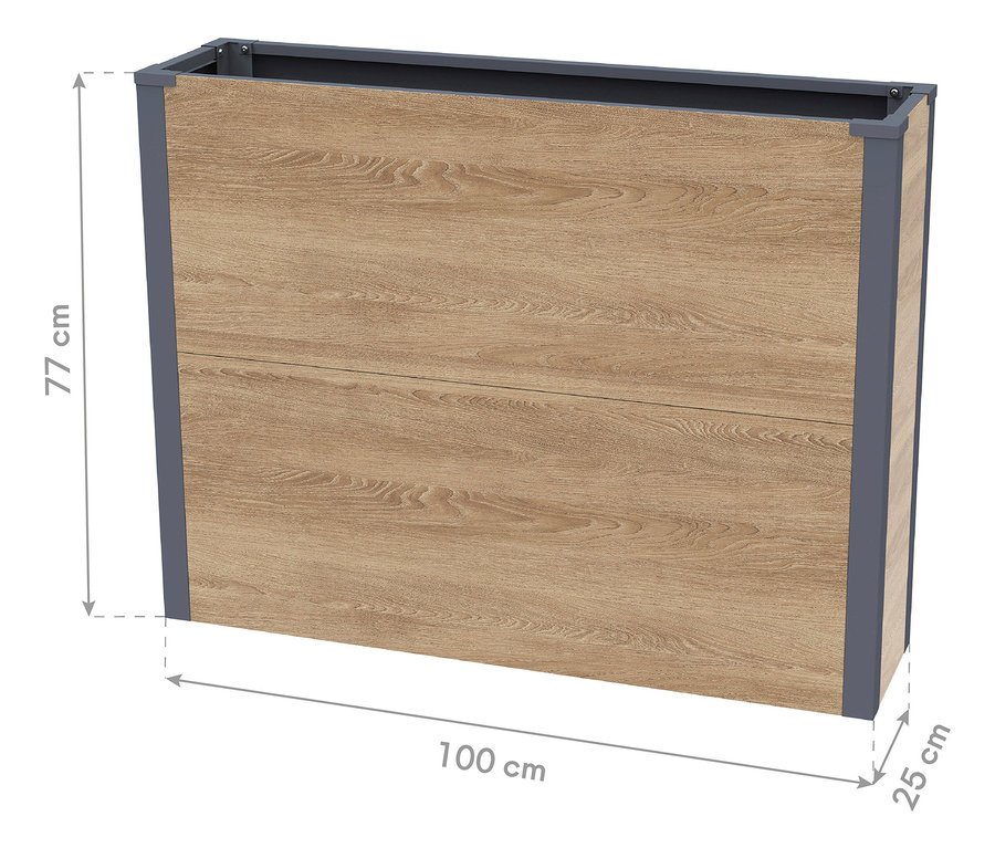 Der Pflanzkasten mit Einlegeboden in Holzoptik ist ca. 77cm hoch.