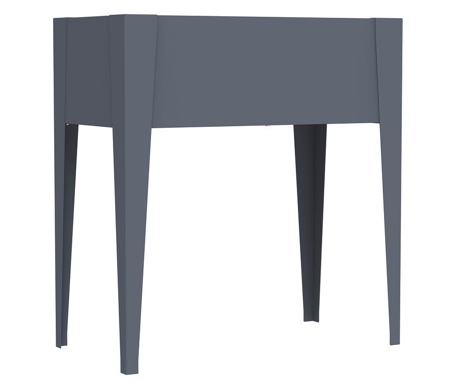 Blauer Pflanzkasten mit vier Beinen.