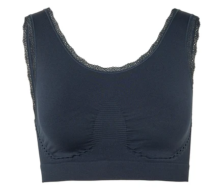 Dunkelblauer Sport-BH mit Spitze am Ausschnitt.