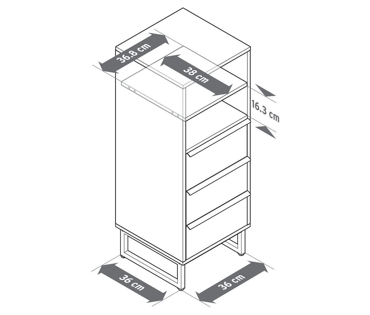 Detailgetreue schematische Darstellung des Schubladenturms »LEEG« mit 3 Schubladen und 2 Fächern, einschließlich Maßangaben.