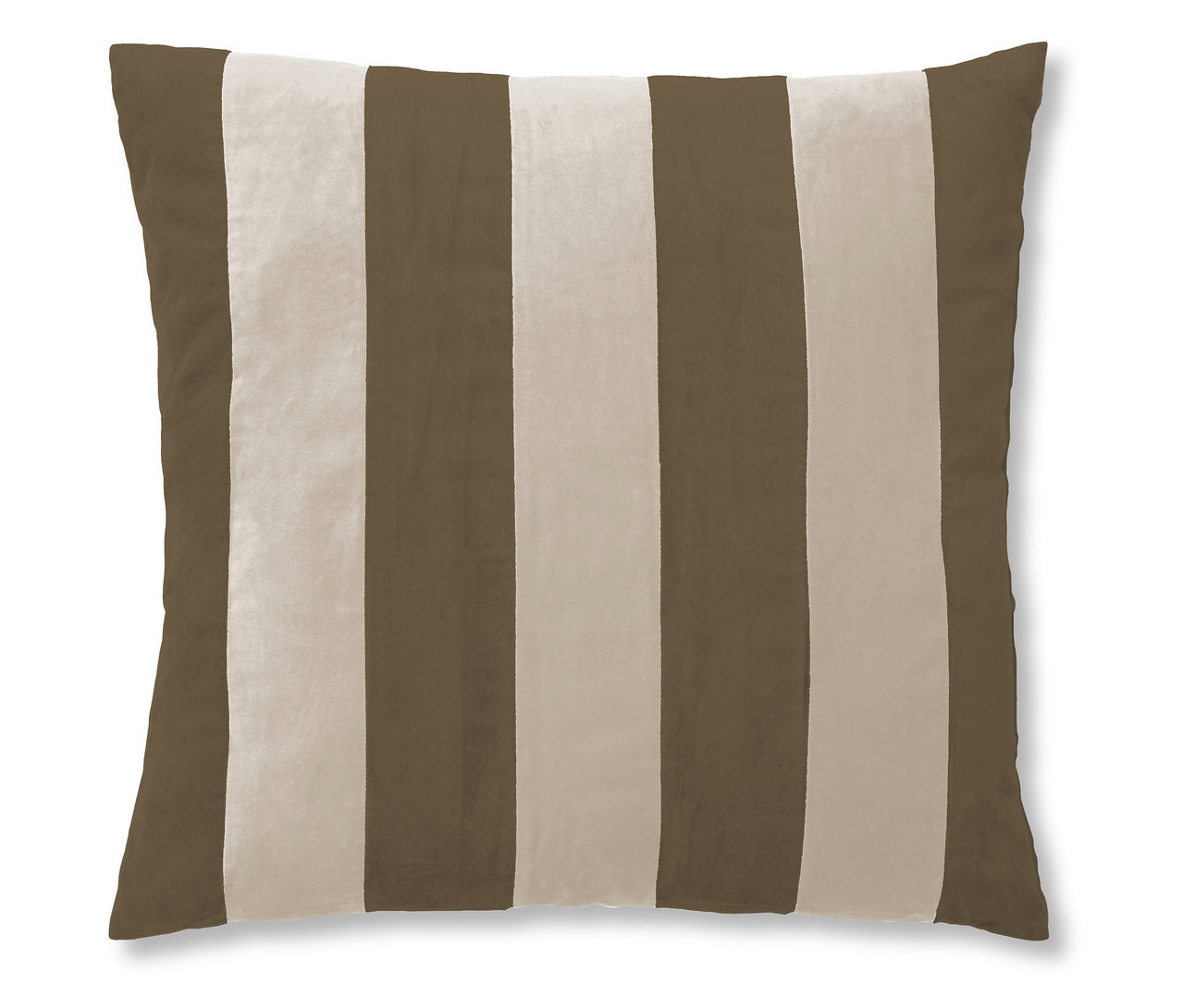 Quadratisches Essenza Samt-Dekokissen "Nino" mit Füllung, das vertikale braune und hellbeige Streifen zeigt.