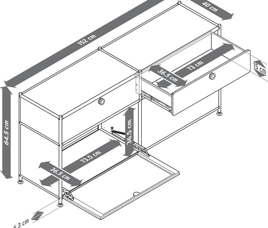 Schwarz-weiß Schema eines Schranks mit Abmessungen.