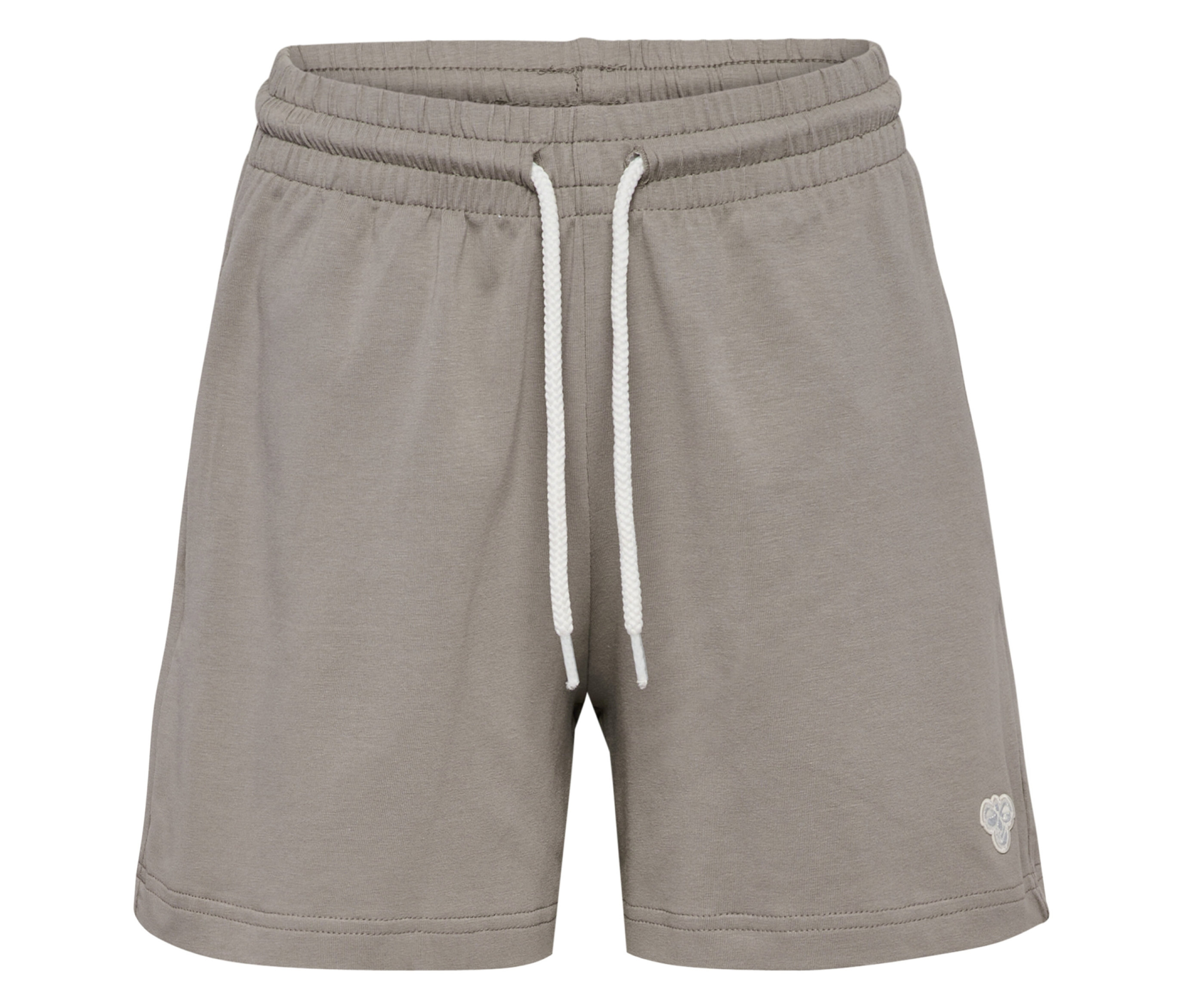 Nahaufnahme der hummel® HMLJR Loose Solid Shorts in Grau mit weißem Kordelzug.