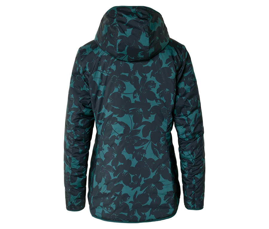 Rückansicht einer gesteppten Jacke mit Kapuze, die mit einem Blumenmuster in Grün und Dunkelgrau bedruckt ist.