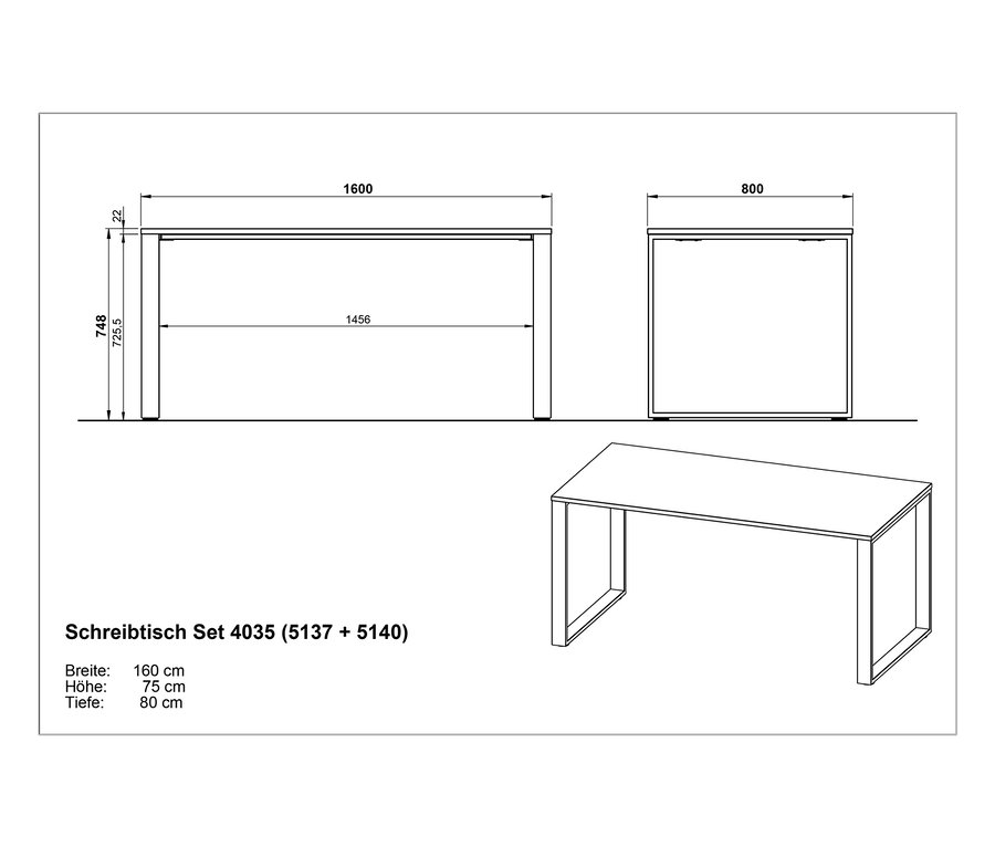 Technische Zeichnung des Schreibtischs »Oviedo« mit Maßangaben.
