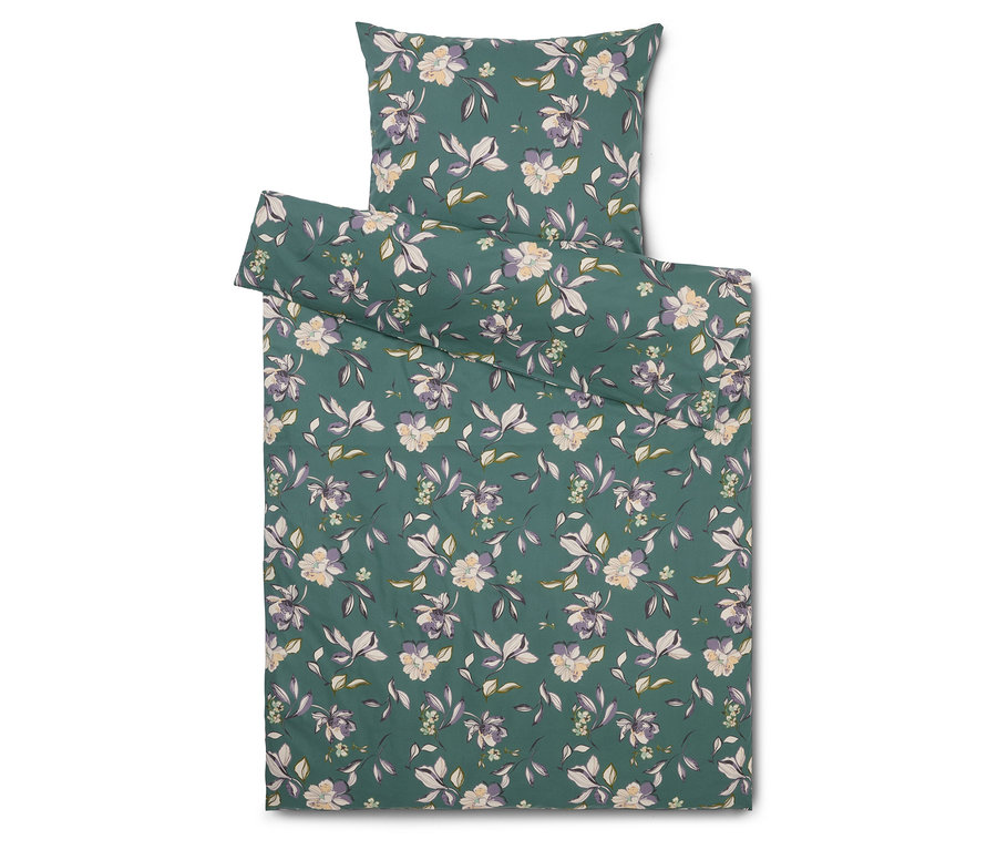 Bettwäsche-Set mit Blumenmuster auf grünem Grund, bestehend aus Kissen- und Deckenbezug.