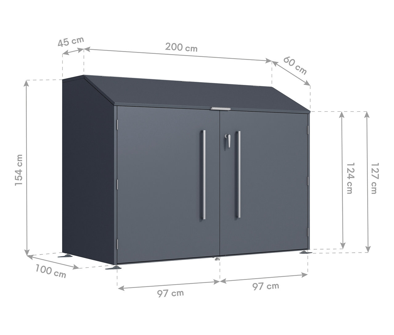 Abbildung eines grauen Geräteschuppens mit Maßangaben.