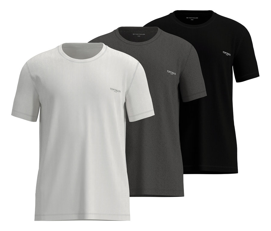 Drei mehrfarbige Tom Tailor »Ohio« T-Shirts im Stapel, mit weißem, grauem und schwarzem Shirt.