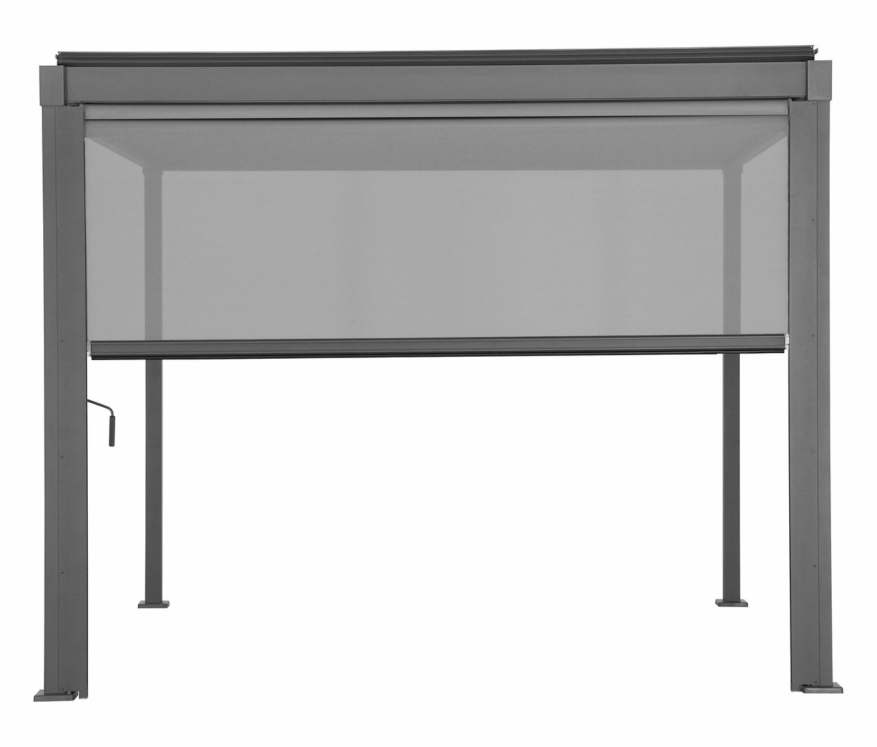 Graue Pergola mit heruntergelassenem Rollo.