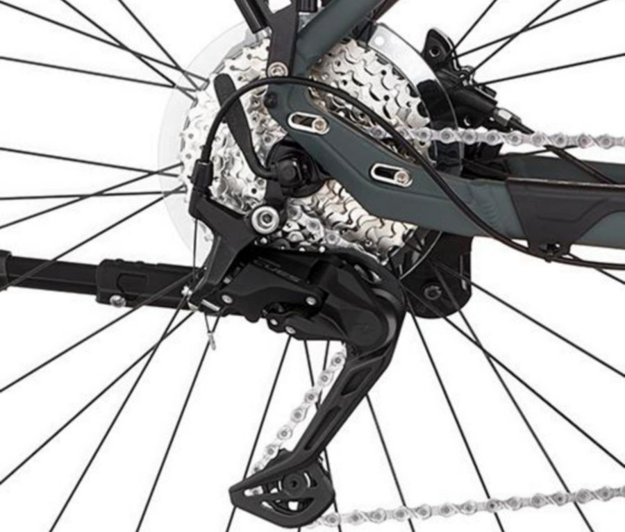 Nahaufnahme vom hinteren Ritzelpaket und Umwerfer eines FISCHER ATB E-Bike TERRA 6.8i ULTIMATE.