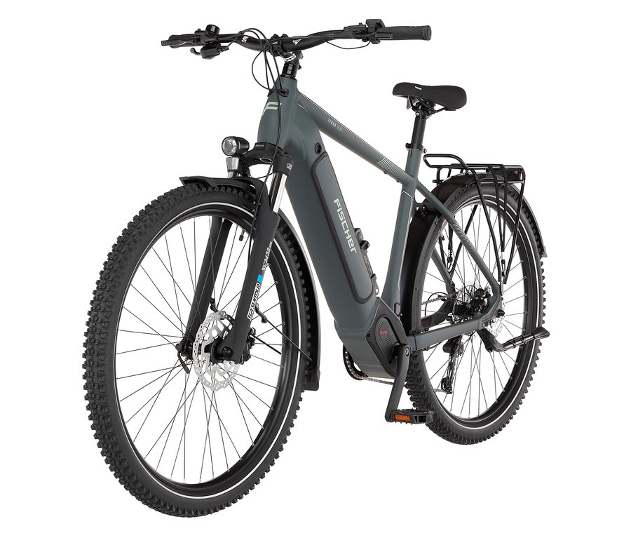 Graues FISCHER ATB E-Bike TERRA 6.8i ULTIMATE, 55 cm, Diamant Rahmen steht auf weißem Hintergrund.