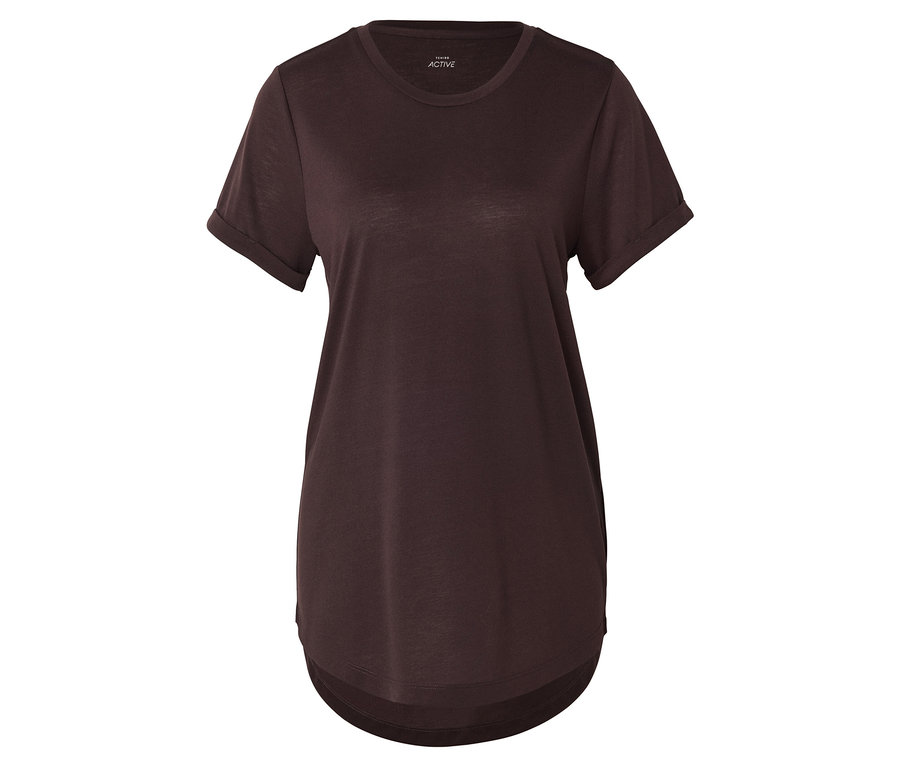 Braunes Sportshirt mit kurzen, hochgekrempelten Ärmeln und abgerundetem Saum.