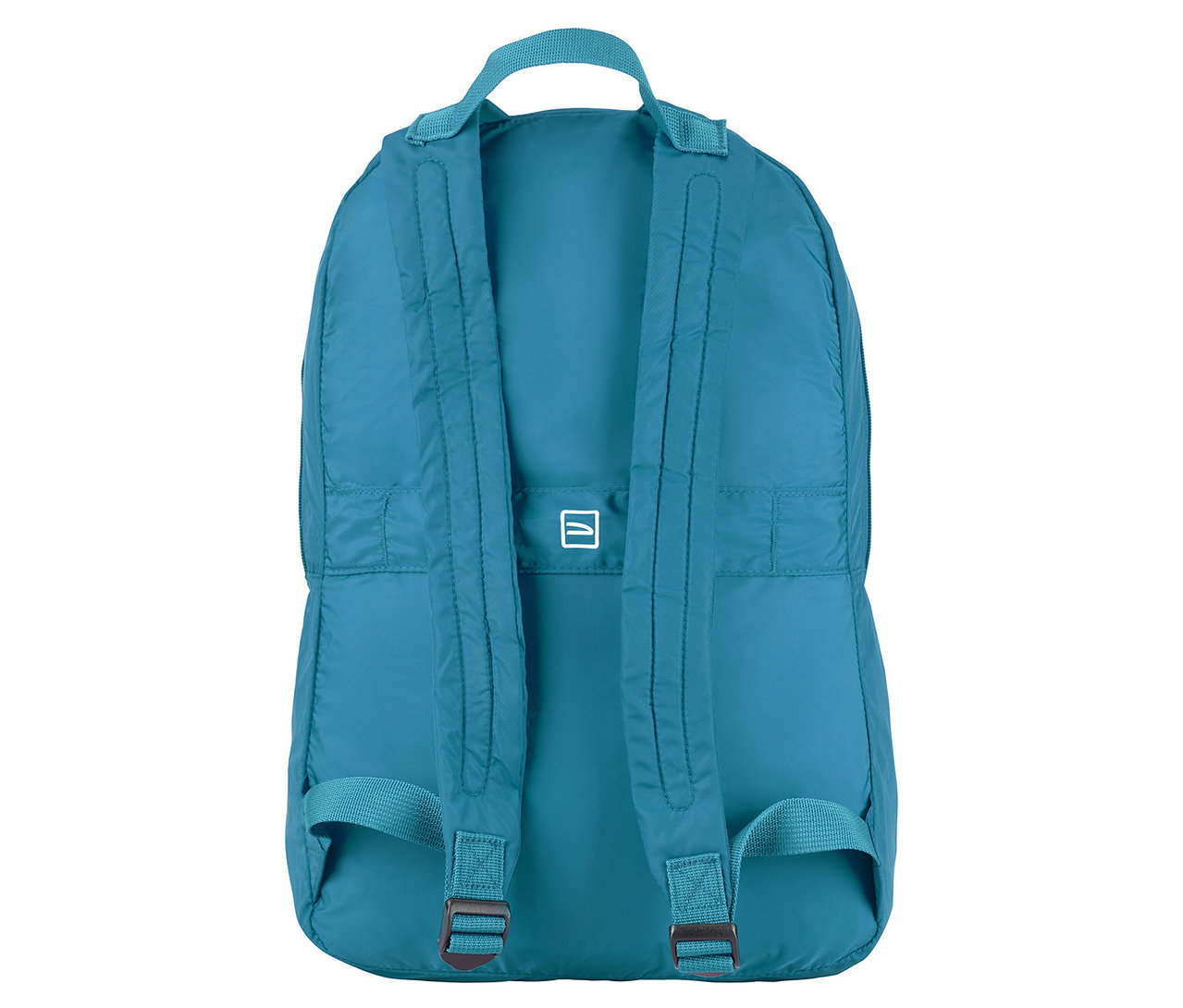 Rückansicht des petrolfarbenen Tucano Rucksacks »Compatto Eco« mit Tragegriff und verstellbaren Trägern.