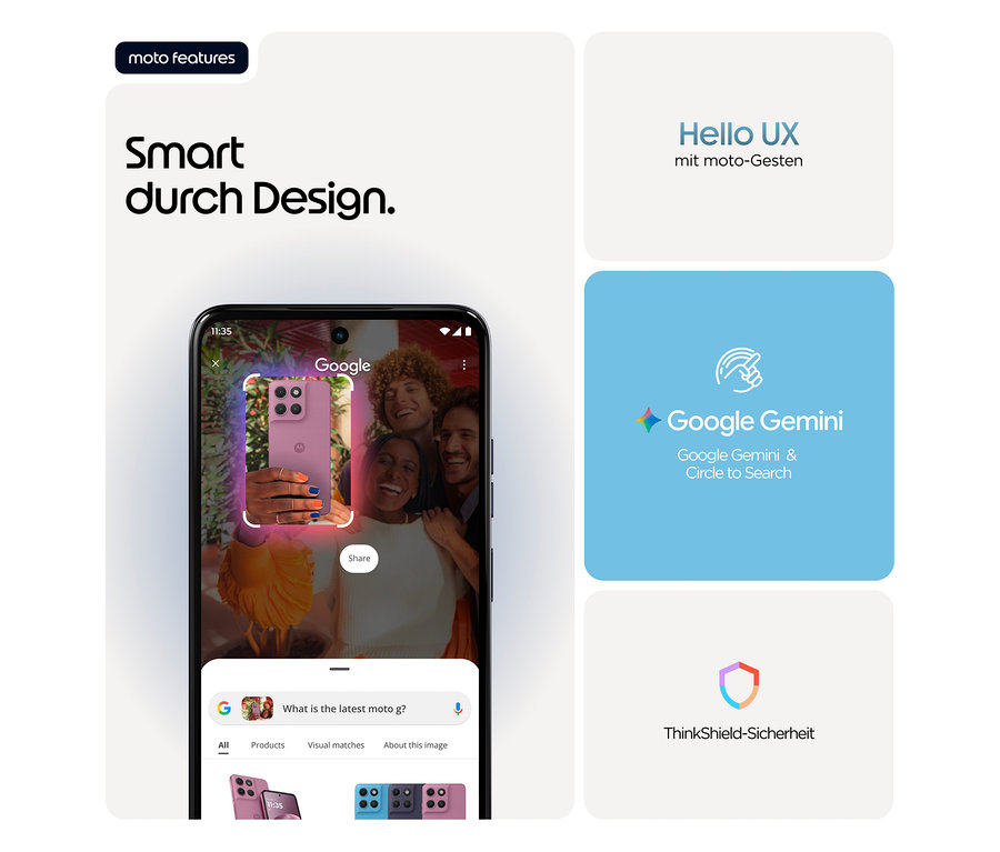 Auf dem Display ist eine Person zu sehen, die mit einem Motorola moto g17 LTE 128GB in Alaskan Blue ein Foto von drei Personen macht.