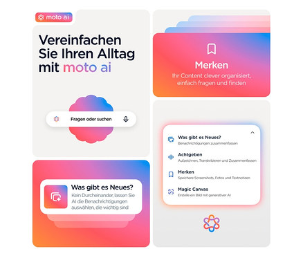 Screenshots der moto ai App mit Texten und Icons. Das Motorola moto g86 5G 256 GB Spellbound wird nicht gezeigt.