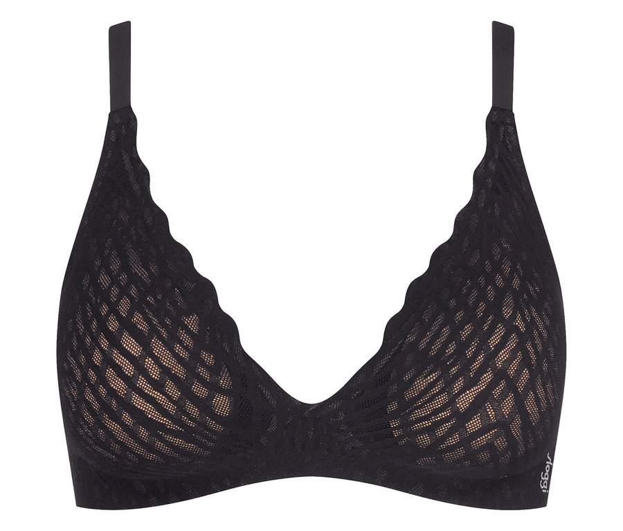 Schwarzer BH mit Neckholder-Trägern und durchsichtigem Netzstoff.
