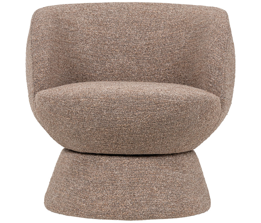 Beiger, runder Sessel mit Bouclé-Stoffbezug und drehbarem Sockel auf weißem Hintergrund.