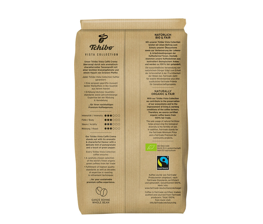 Eine Packung Tchibo Vista Collection Bio Caffé Crema Kaffee. Die Packung ist braun und enthält Informationen über den Kaffee.