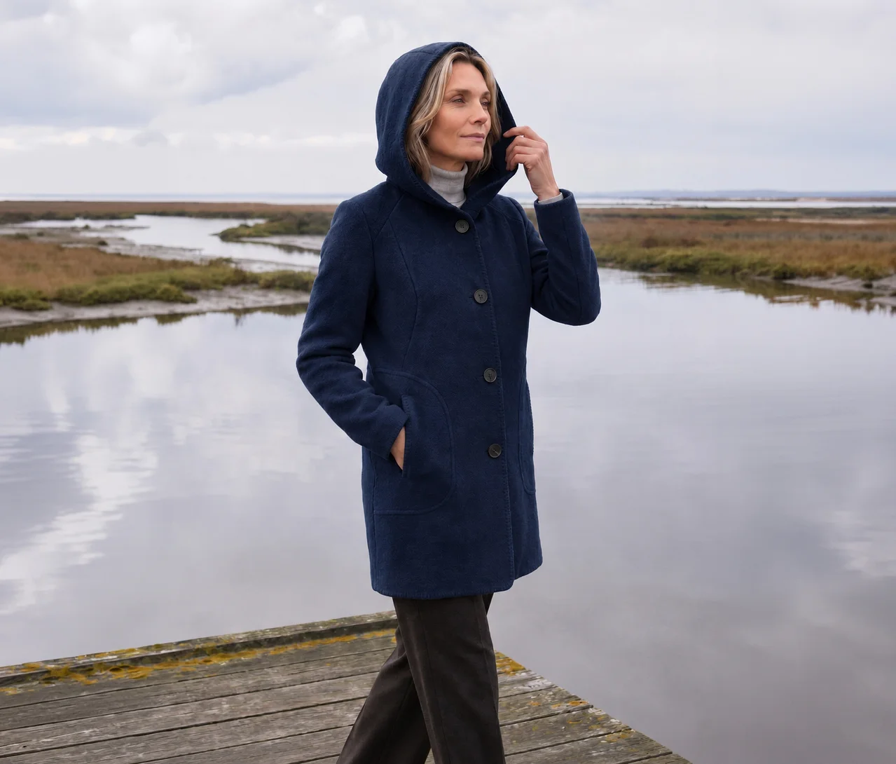 Frau in marineblauem Kapuzenmantel, grauem Rollkragenpullover und dunkler Hose geht auf Holzsteg an Fluss mit sumpfigen Ufern unter bewölktem Himmel. Sie richtet ihre Kapuze und hat eine Hand in der Tasche.