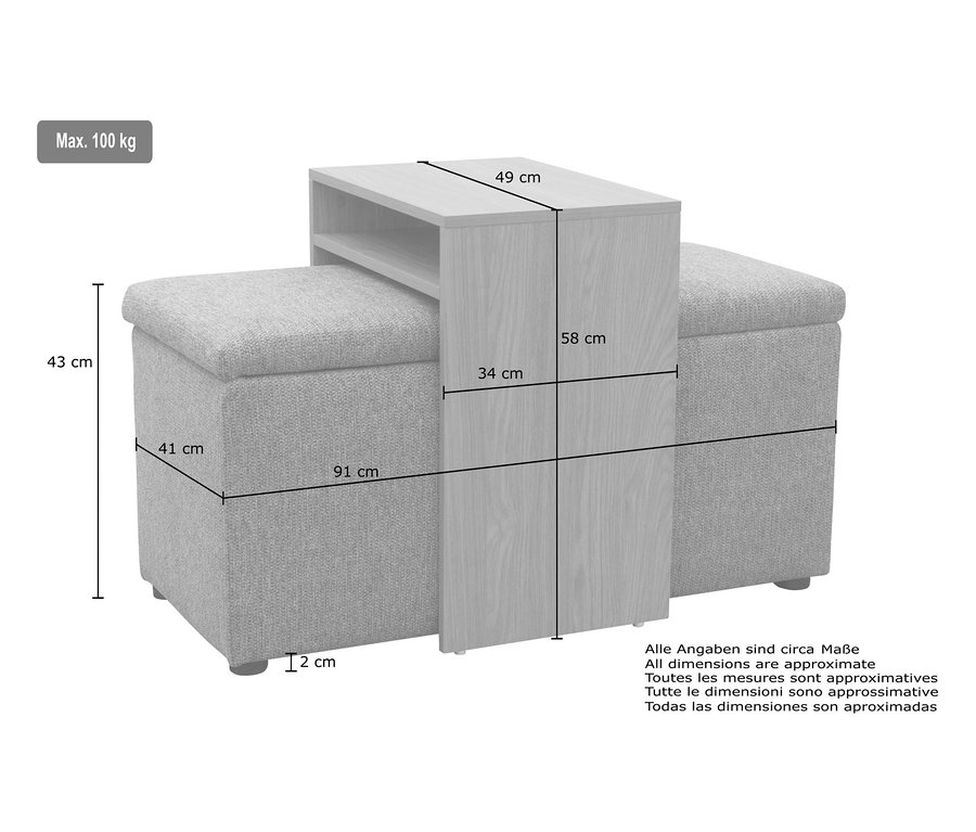 Eine hellgraue, gepolsterte Aufbewahrungsbank mit einem integrierten Tisch in heller Holzoptik in der Mitte. Die Bank ist 43 cm hoch, 41 cm tief und 91 cm lang. Der Tisch ist 58 cm hoch, 34 cm breit und 49 cm tief. Die maximale Belastung beträgt 100 kg. Alle Maße sind circa Angaben.