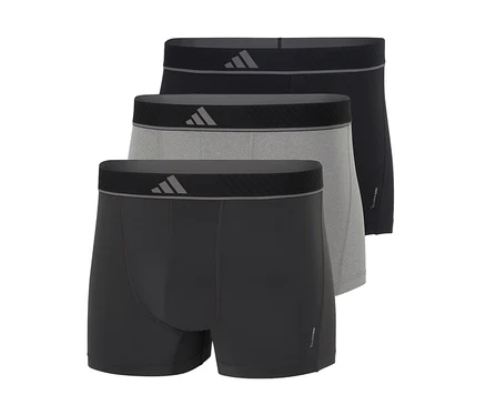 Drei Herren-Boxershorts in Schwarz, Hellgrau und Dunkelgrau, gestapelt mit schwarzen Bund und grauem Logo.