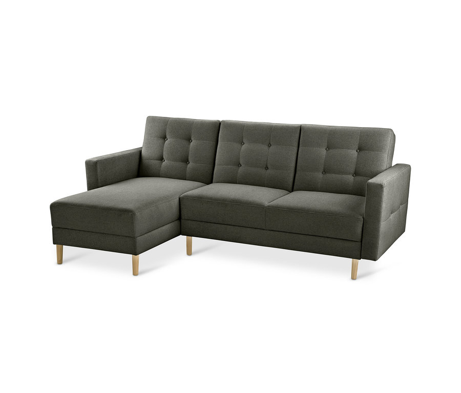 Dunkelgraues L-förmiges Ecksofa mit Chaiselongue links, getufteter Rückenlehne und hellen Holzbeinen.