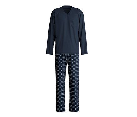 Dunkelblauer Schlafanzug mit langärmligem V-Ausschnitt-Oberteil mit Brusttasche und gemusterter langer Hose.