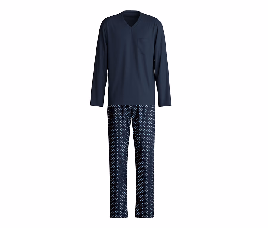 Dunkelblauer Schlafanzug mit langärmligem V-Ausschnitt-Oberteil mit Brusttasche und gemusterter langer Hose.