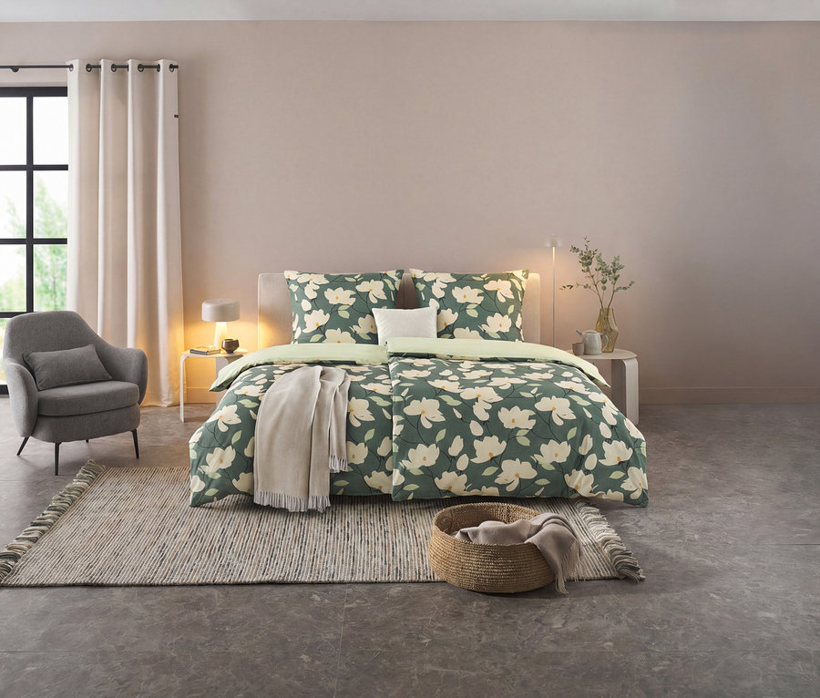 Ein Schlafzimmer mit einem Bett, das mit grüner SCHÖNER WOHNEN-Kollektion Bettwäsche mit weißem Blumenmuster bezogen ist. Daneben stehen ein grauer Sessel und ein gestreifter Teppich.