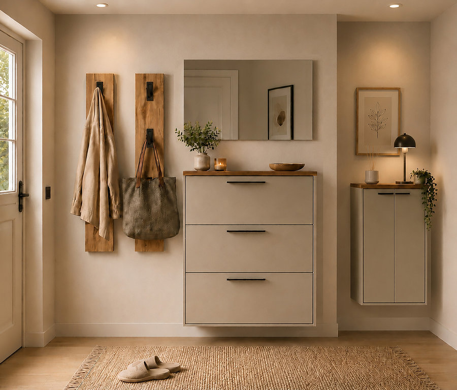 Heller Flur mit beiger Wand, Holzboden und einem beigen Teppich. Links hängen eine Jacke und eine Tasche an Holzhaken. In der Mitte steht ein beiger Schuhschrank mit Holzplatte und darüber ein Spiegel. Rechts ist ein kleinerer Schrank mit einer Lampe und Pflanzen.