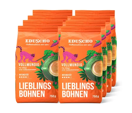 Eine Packung mit acht Packungen Eduscho Lieblingsbohnen Vollmundig - 8x 750 g Ganze Bohne.