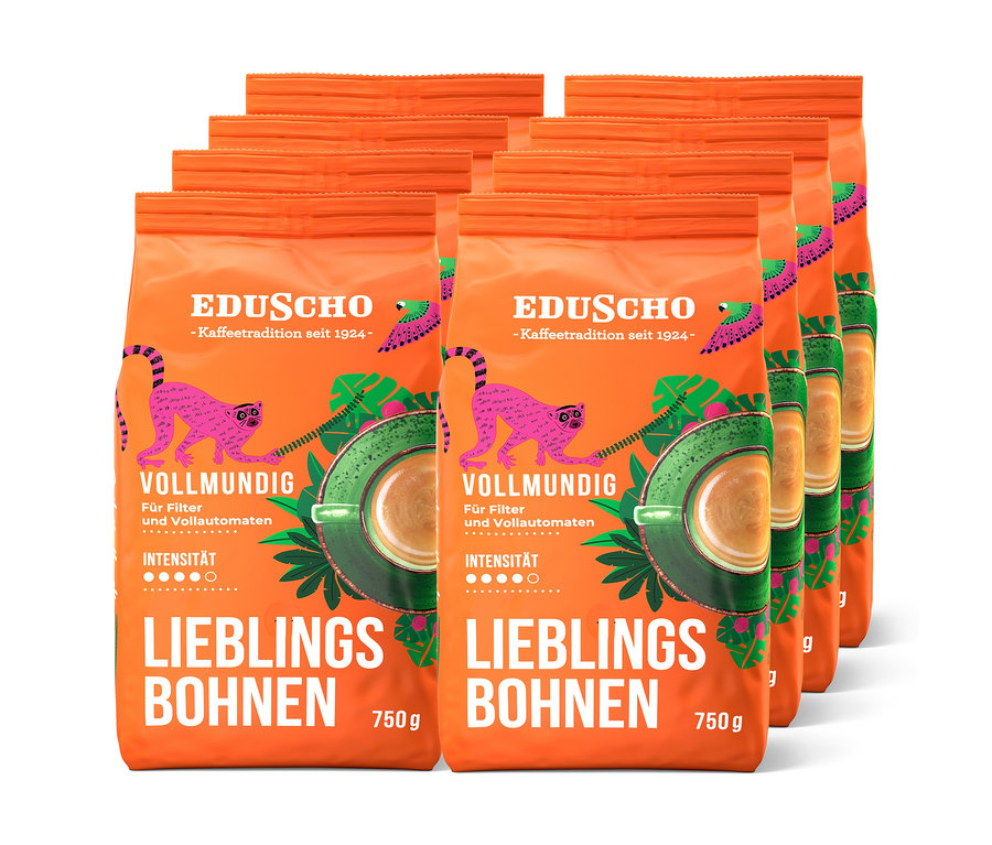 Eine Packung mit acht Packungen Eduscho Lieblingsbohnen Vollmundig - 8x 750 g Ganze Bohne.