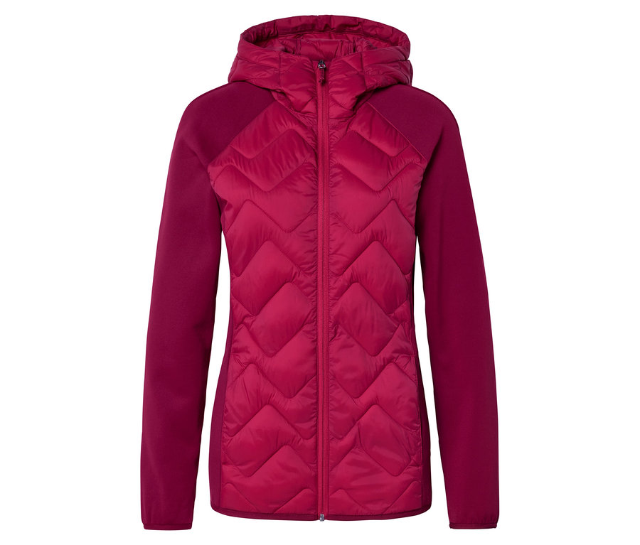 Magenta Damenjacke mit Steppdetails an Vorder- und Rückseite, glatten Ärmeln und Kapuze, auf weißem Hintergrund.