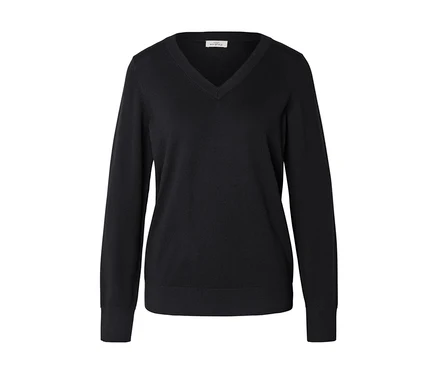 Schwarzer V-Ausschnitt Feinstrickpullover mit langen Ärmeln.