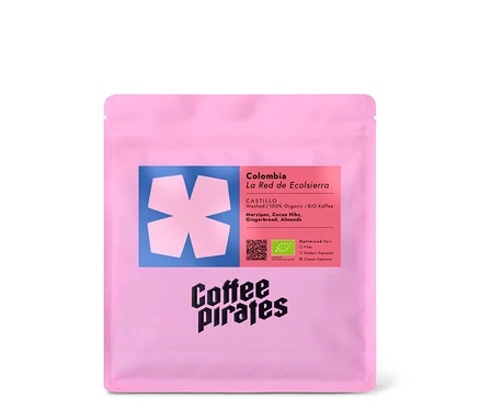 Eine Packung Coffee Pirates – Colombia La Red de Ecolssierra Bio Espresso - 250 g Ganze Bohne.