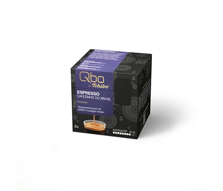 Qbo Espresso CAFEZINHO DO BRASIL - 8 Kapseln, eine schwarz-lila Packung mit einem Bild einer Espressotasse.