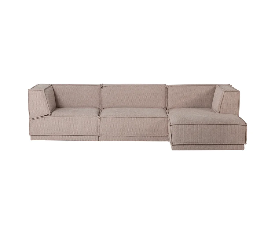 Helles, beiges, modulares L-förmiges Sofa mit Armlehne links und Chaiselongue rechts.