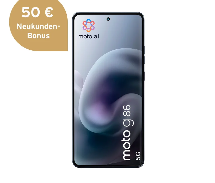 Das Motorola moto g86 5G 256 GB Spellbound Smartphone ist mittig vor einem weißen Hintergrund zu sehen.