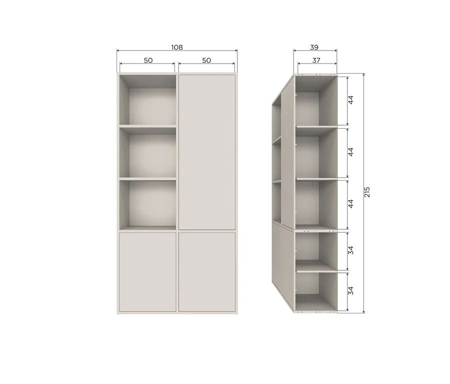 Hellgraues modulares Schranksystem mit Maßen. Die Vorderansicht zeigt eine 108 cm breite Einheit: links drei offene Fächer und ein unteres Fach, rechts ein hohes oberes Fach und ein unteres Fach. Die Seitenansicht zeigt eine Höhe von 215 cm und eine Tiefe von 39 cm, mit variierenden Fachhöhen.