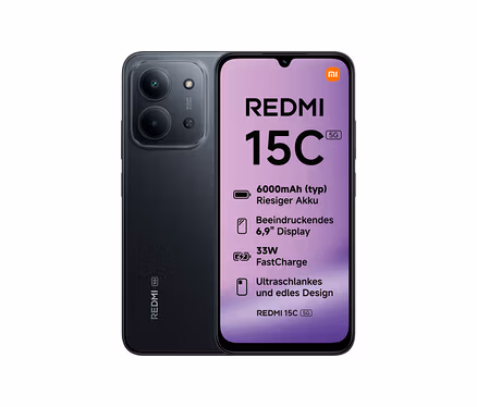 Xiaomi Redmi 15C 5G 128 GB in Midnight Black, Vorder- und Rückseite sind sichtbar.