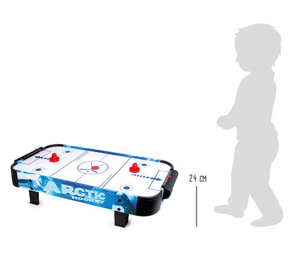 Ein small foot Air-Hockey-Champion Tisch, weiß mit blauen 'Arctic Hockey' Grafiken, zeigt zwei rote Schläger und einen Puck. Eine graue Kindersilhouette steht rechts daneben; die Tischhöhe beträgt 24 cm.